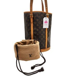 Louis Vuitton Bucket GM Tote, Browns Monogram + Dust Bag + Chain